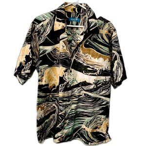 Kai Clothing "Hypnotik Wave" Hawaiian Shirt Waves Canoes Volcano Brown/Blue Sz L